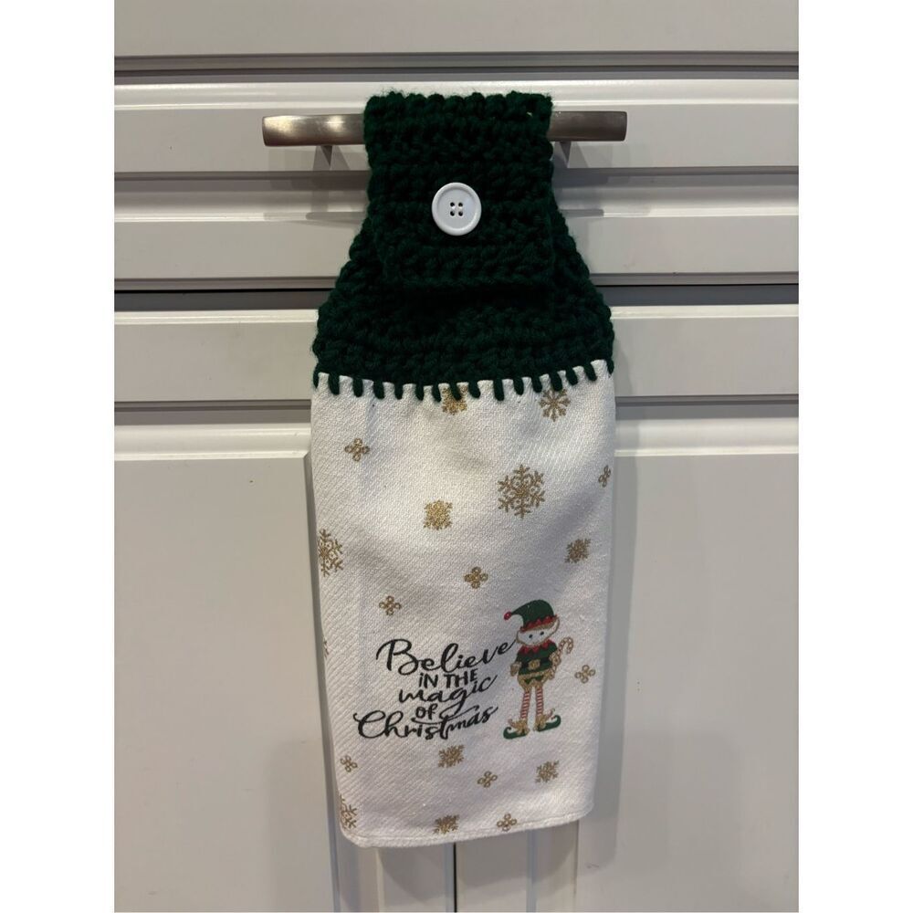 Crochet Top Kitchen Towel-Believe in Christmas. Green topper
